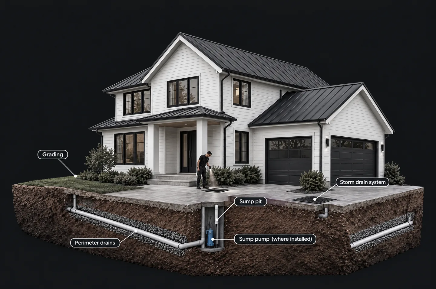 Full intact home with a ground-only cutaway showing Said inspecting grading, perimeter drains and the sump system.