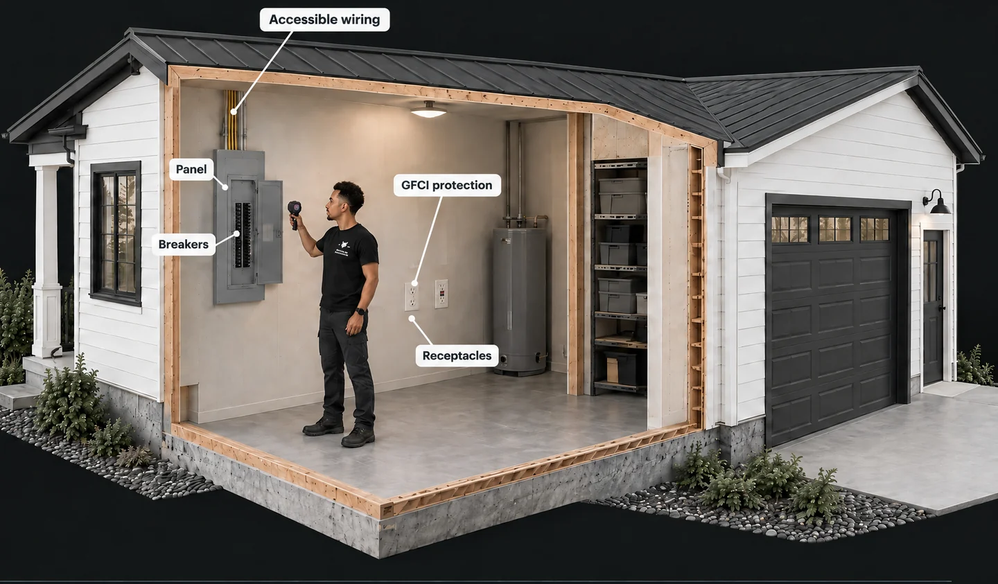 House cutaway with Said inspecting the electrical system and labels for the panel, breakers, receptacles, GFCI protection and accessible wiring.