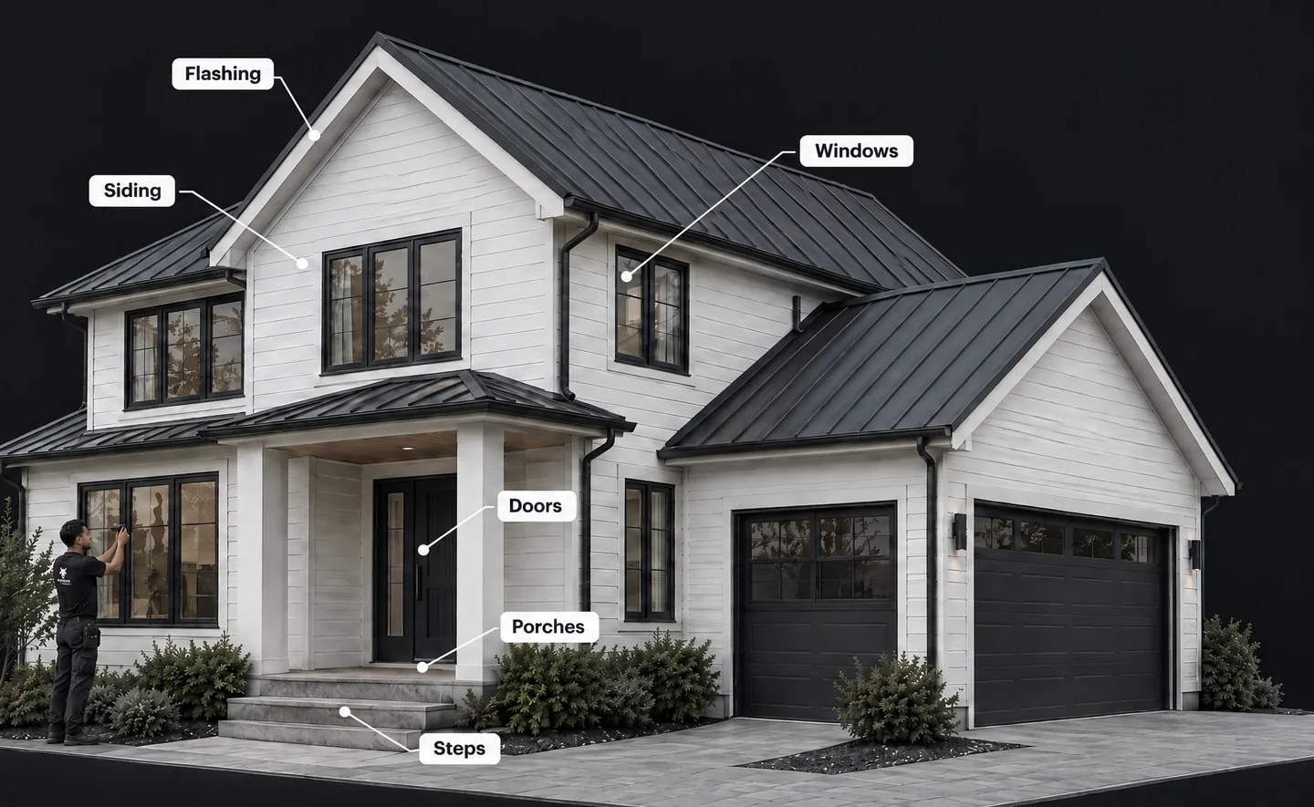 Exterior model showing Said inspecting the home, with siding, flashing, windows, doors, porches and steps labeled.