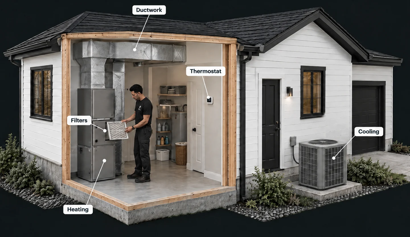 Heating and cooling cutaway with Said inspecting the equipment, with heating, cooling, filters, ductwork and thermostat labeled.