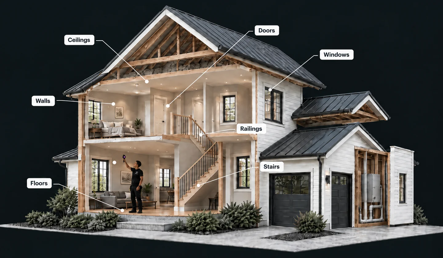 Wider house interior cutaway showing Said using a thermal camera, with the surrounding house visible.