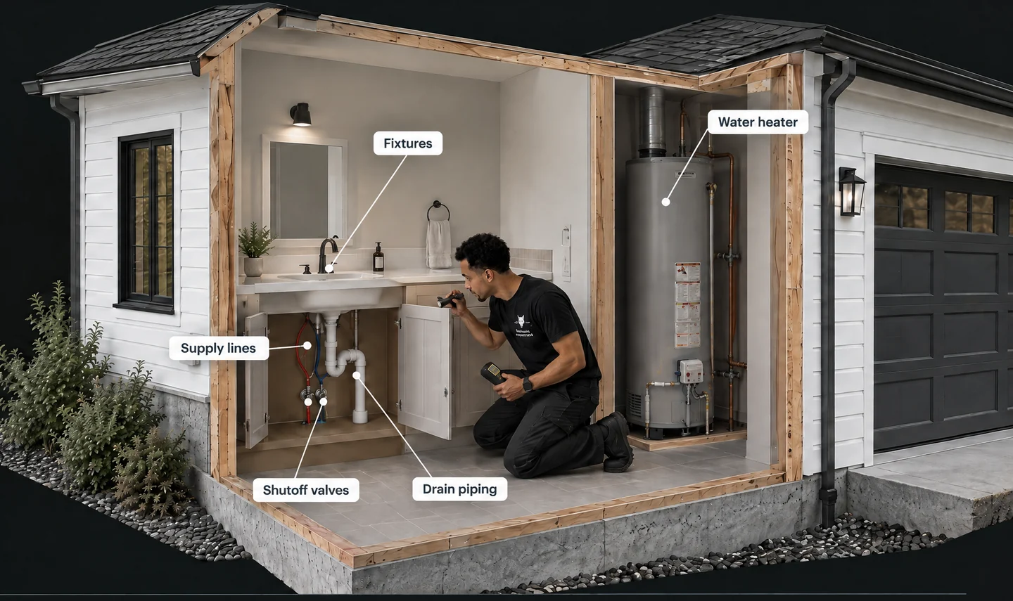 Labeled plumbing cutaway with Said inspecting the supply lines, drain piping, fixtures, water heater and shutoff valves.