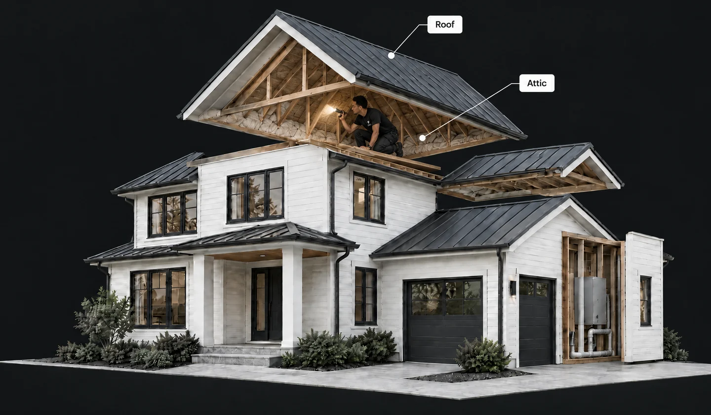Wider house cutaway showing Said inspecting the attic, with the home still visible.