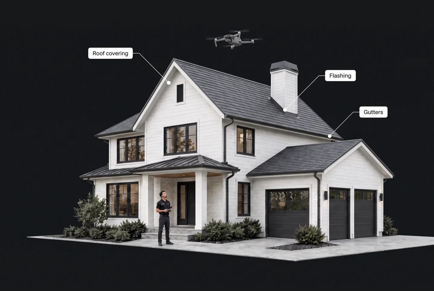 Said standing on the ground operating a drone above the assembled roof, with roof covering, flashing and gutters labeled.