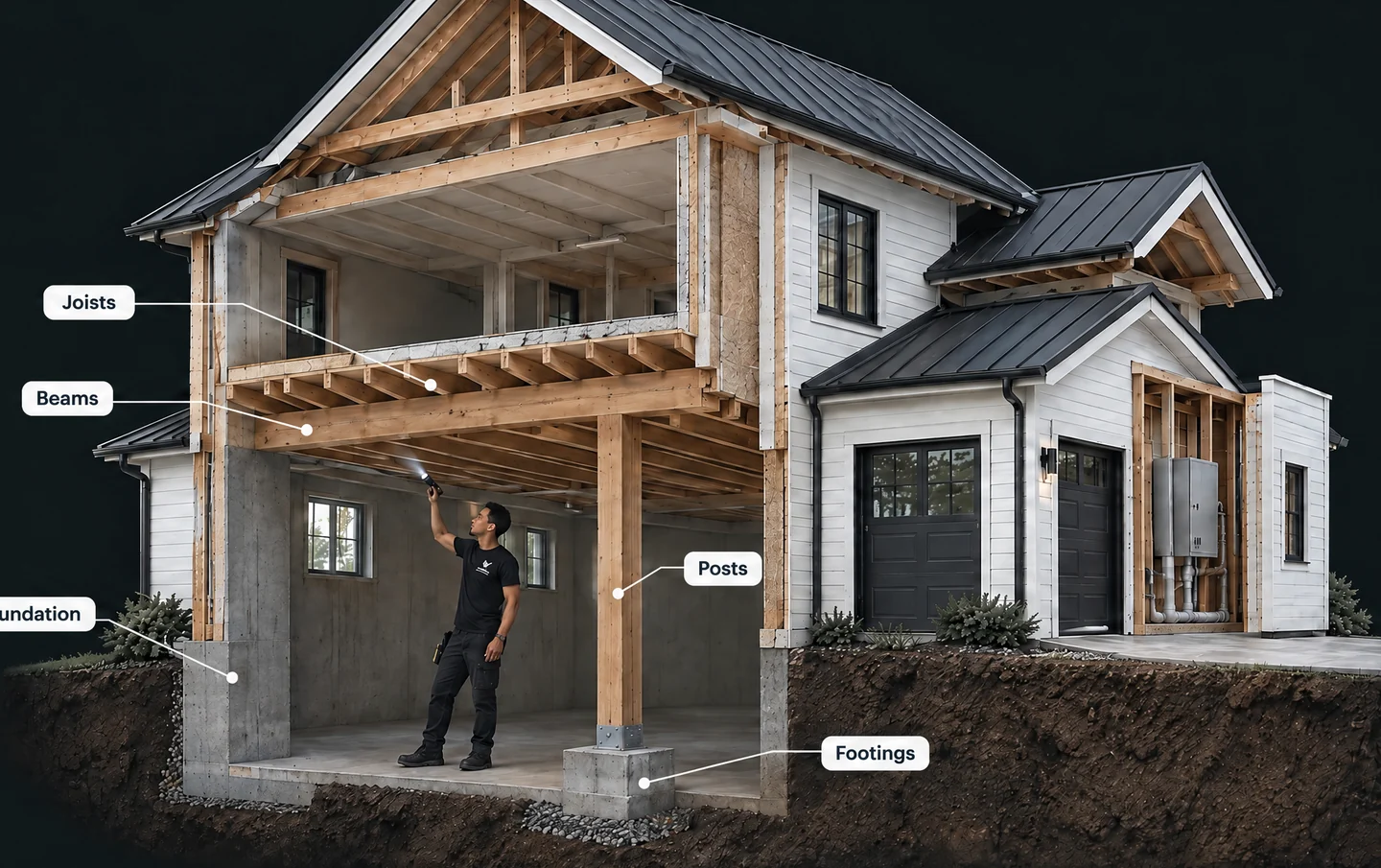Wider house cutaway showing the structural framing, foundation and Said inspecting the accessible structure.