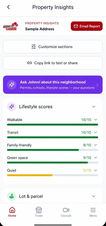 Property Insights screen in the Inspect Canada app