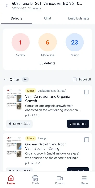 Report Pricer in the Inspect Canada app listing defects with cost ranges.