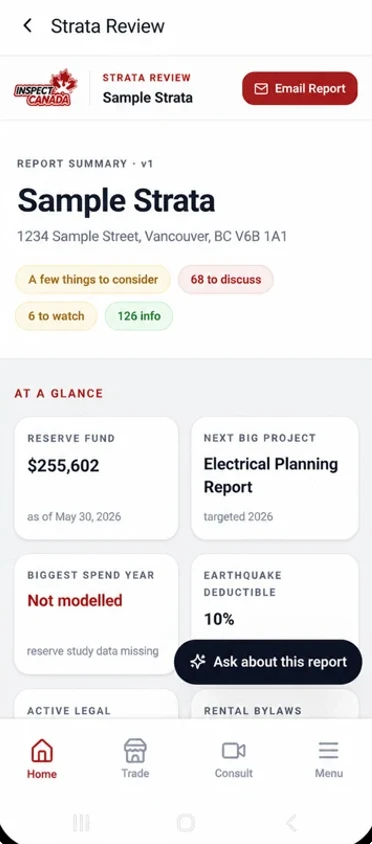 Strata Review summary in the Inspect Canada app with reserve fund and upcoming projects.
