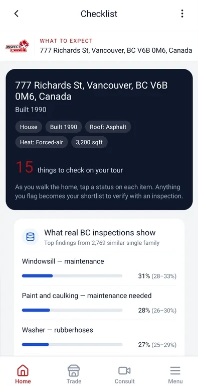 What to Expect checklist in the Inspect Canada app for a home built in 1990.