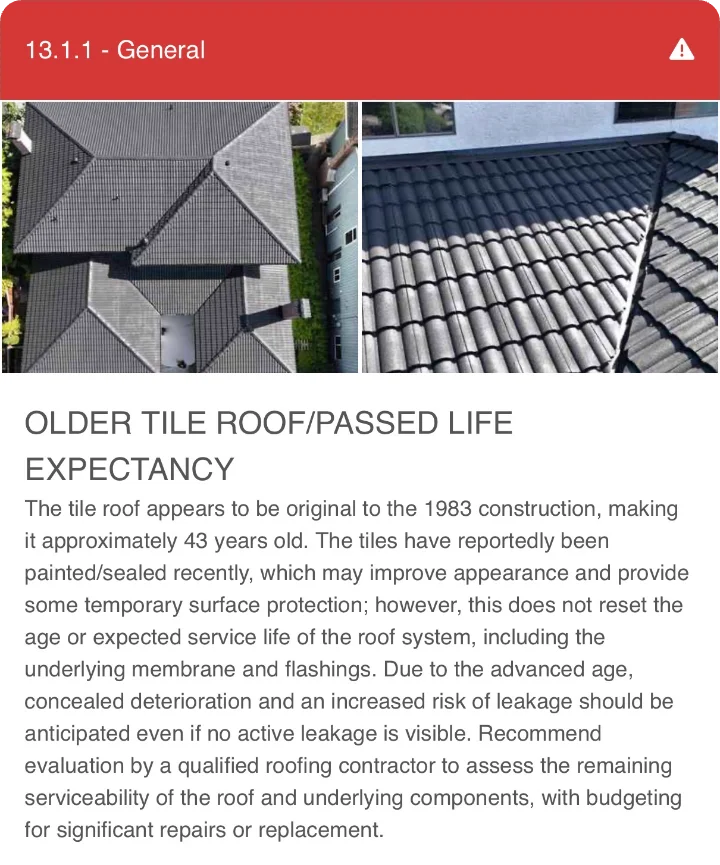 Report finding: older tile roof past its life expectancy, with drone photos
