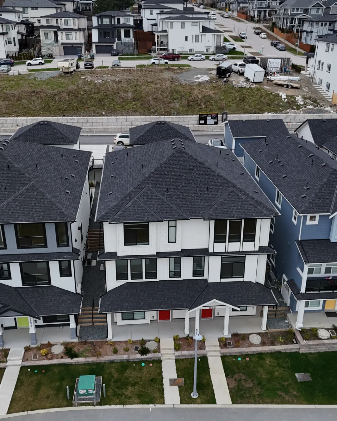 Drone view of new build homes in Langley, BC, during a new construction inspection